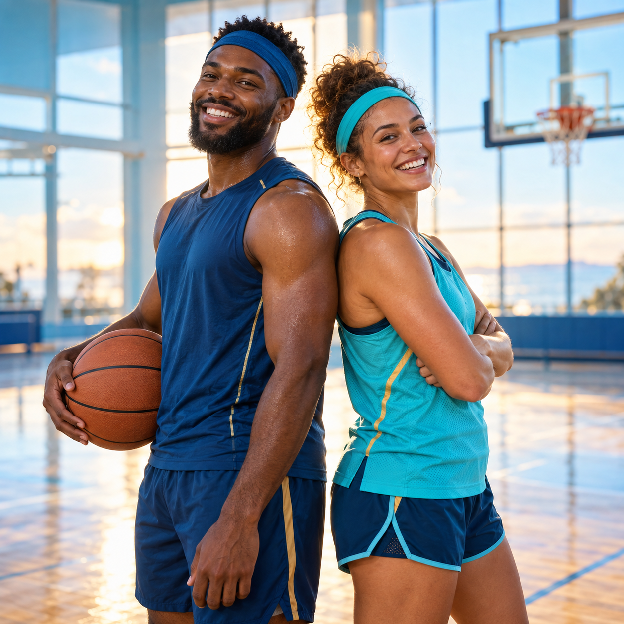 Two smiling basketball athletes standing back to back in an indoor gym