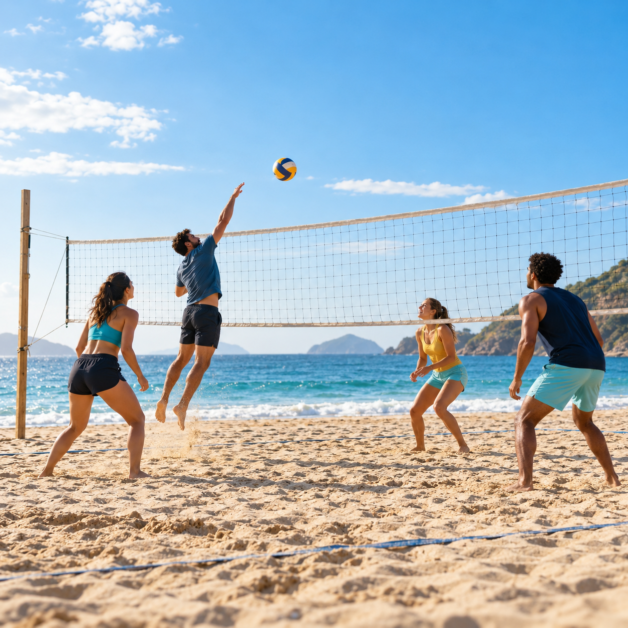 Four adults playing two-on-two beach volleyball with a net by the water